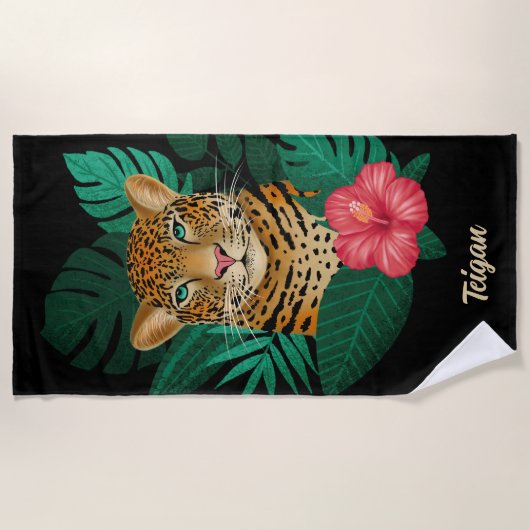  Oerwoud Leopard Floral Art | Zwart | Naam Strandlaken (Voorkant)