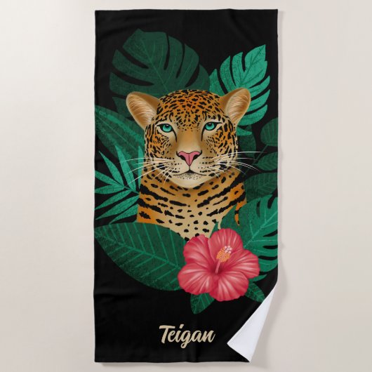  Oerwoud Leopard Floral Art | Zwart | Naam Strandlaken (Voorkant)