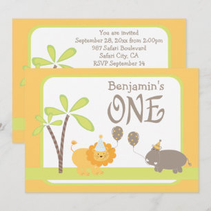 Oerwoud Lion en Hippo First Birthday Party Kaart