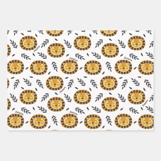 Oerwoud Lion Pattern met Kinder naam Birthday Inpakpapier Vel (Voorkant 3)