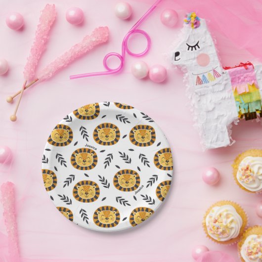 Oerwoud Lion Pattern met Kinder naam Birthday Papieren Bordje (Feest)