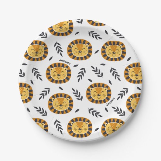 Oerwoud Lion Pattern met Kinder naam Birthday Papieren Bordje (Voorkant)