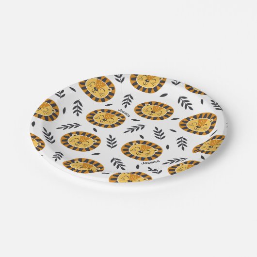 Oerwoud Lion Pattern met Kinder naam Birthday Papieren Bordje (Gekanteld)