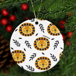 Oerwoud Lion Pattern met Kinder naam Kerstmis Keramisch Ornament
