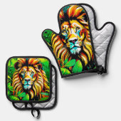 Oerwoud Lion Pop Art Design Ovenwant & Pannenlap Set (Voorkant / Achterkant)