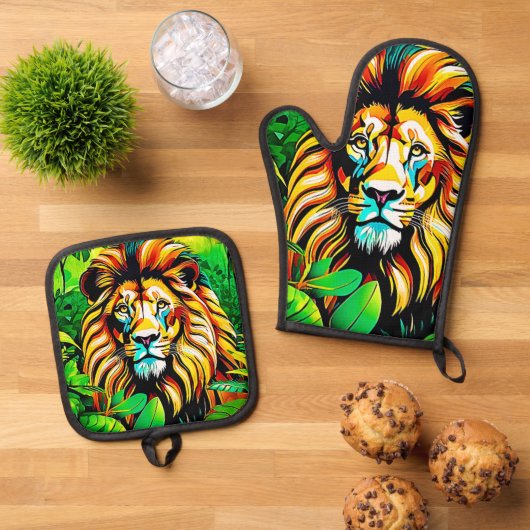 Oerwoud Lion Pop Art Design Ovenwant & Pannenlap Set (Top down)