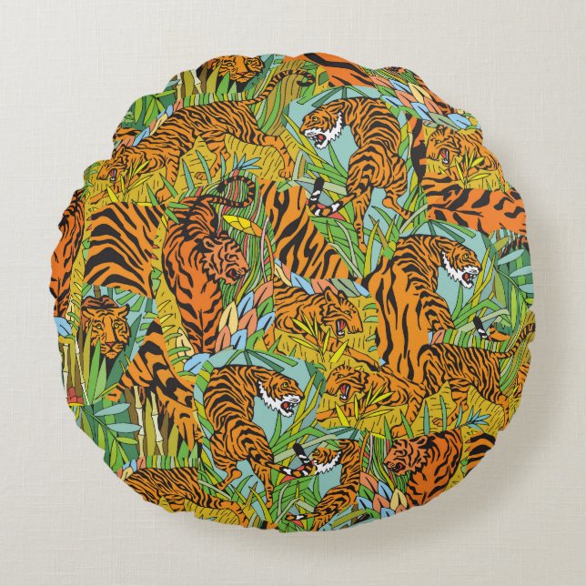 Oerwoud Majesteit: Tijgers te midden van groen Rond Kussen (Voorkant)
