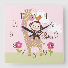 Oerwoud Meisjesdier Kind — Nursery Clock Vierkante Klok