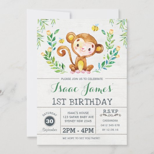 Oerwoud Monkey Birthday Party Invite Safari Invite Kaart (Voorkant)