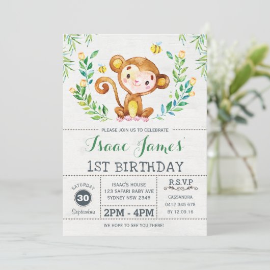 Oerwoud Monkey Birthday Party Invite Safari Invite Kaart (Staand voorkant)