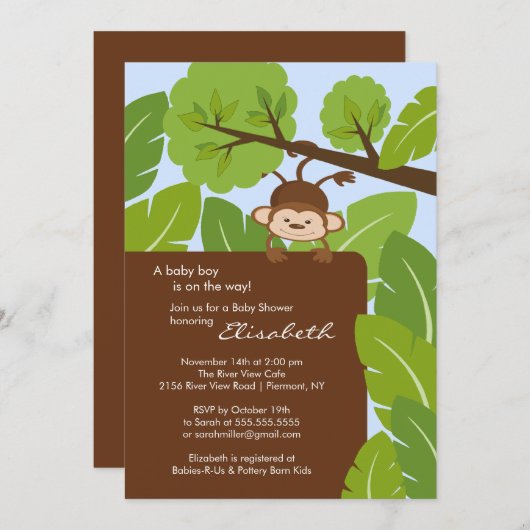 Oerwoud Monkey Boy Baby shower Uitnodiging (Voorkant / Achterkant)