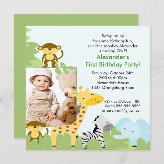 Oerwoud Monkey Foto Birthday Uitnodiging (Voorkant / Achterkant)