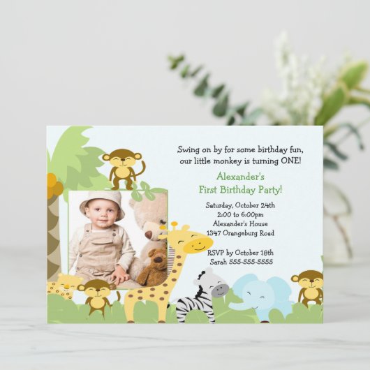 Oerwoud Monkey Foto Birthday Uitnodiging (Staand voorkant)