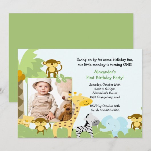 Oerwoud Monkey Foto Birthday Uitnodiging (Voorkant / Achterkant)