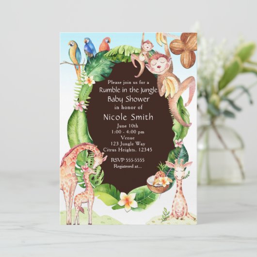 Oerwoud Monkey & Giraffe Baby Shower Uitnodigingen (Staand voorkant)