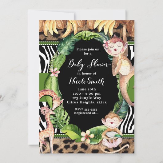 Oerwoud Monkey & Giraffe Baby Shower Uitnodigingen (Voorkant)