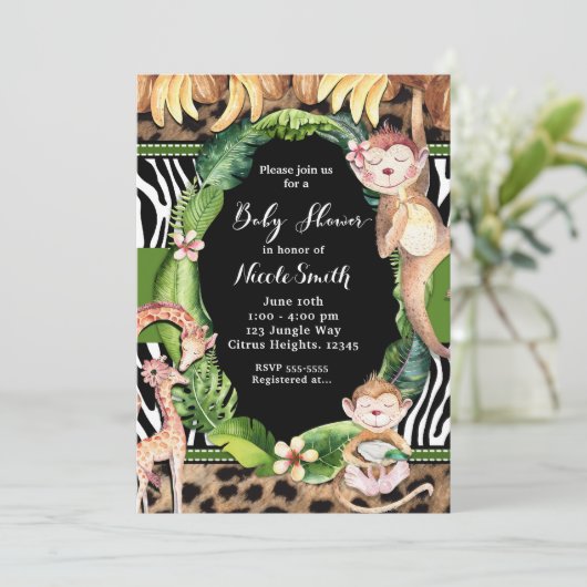 Oerwoud Monkey & Giraffe Baby Shower Uitnodigingen (Staand voorkant)