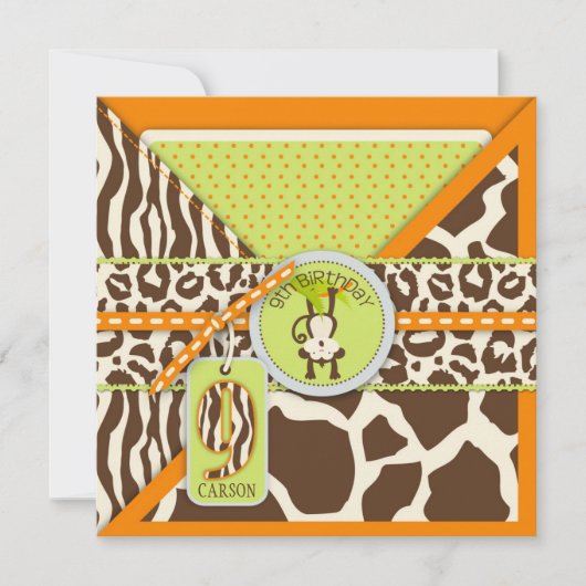 Oerwoud Monkey Nineth Birthday Invitation Oranje Kaart (Voorkant)