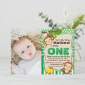 Oerwoud Monkey Safari Boy First Birthday Foto Kaart (Staand voorkant)