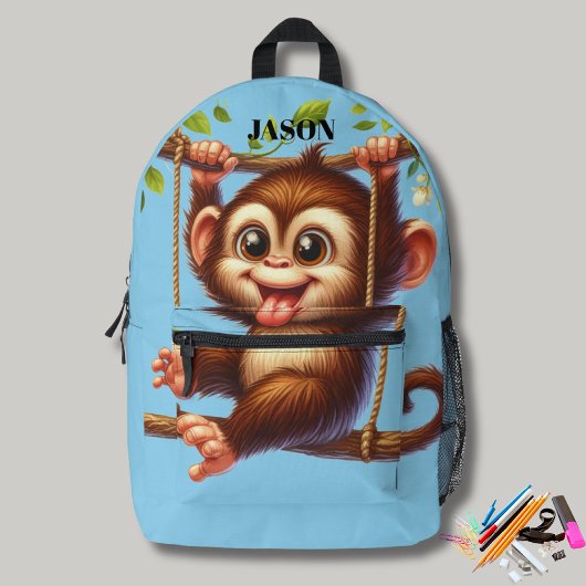 Oerwoud Monkey Swinging on Tree Monogram Kinder Bl Bedrukte Rugzak