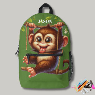 Oerwoud Monkey Swinging on Tree Monogram Kinder Gr Bedrukte Rugzak