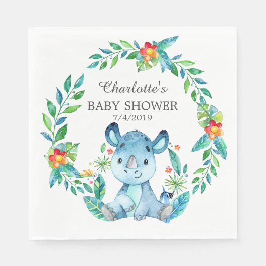 Oerwoud neushoorn Baby shower papieren servetten (Voorkant)