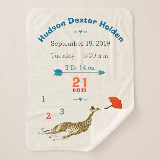 Oerwoud Nursery Flying Giraffe Baby Boy Birth Stat Sherpa Deken (Voorkant)