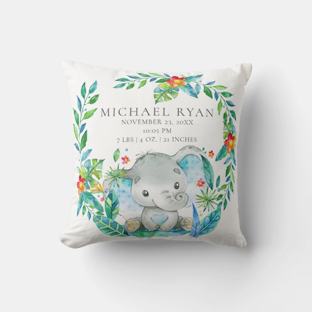 Oerwoud Olifant Baby Geboorte Stats Kussen (Voorkant)