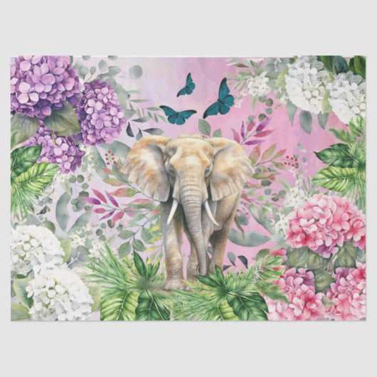 Oerwoud Olifant & Hydrangeas & Vlinders Tissuepapier (Voorkant)