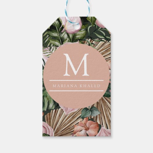 Oerwoud palmbladeren regenwoud bloemen roze groen cadeaulabel (Voorkant)