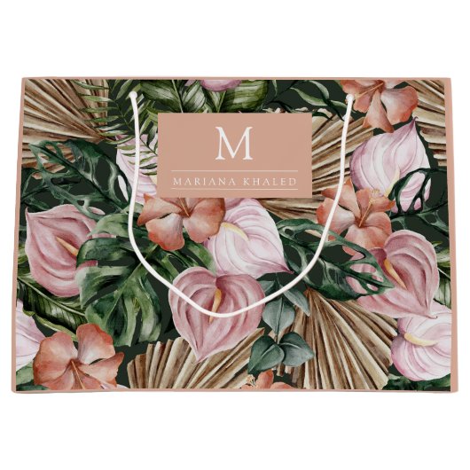 Oerwoud palmbladeren regenwoud bloemen roze groen groot cadeauzakje (Voorkant)