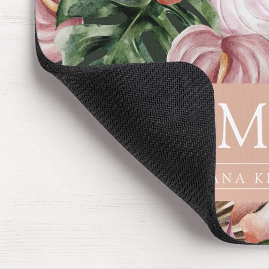 Oerwoud palmbladeren regenwoud bloemen roze groen muismat (Hoek)