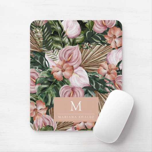 Oerwoud palmbladeren regenwoud bloemen roze groen muismat (Met muis)