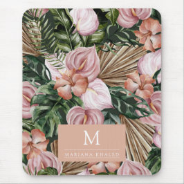 Oerwoud palmbladeren regenwoud bloemen roze groen muismat