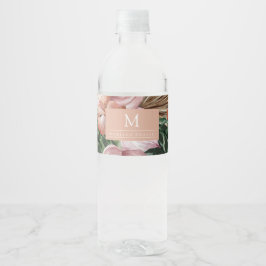 Oerwoud palmbladeren regenwoud bloemen roze groen waterfles etiket