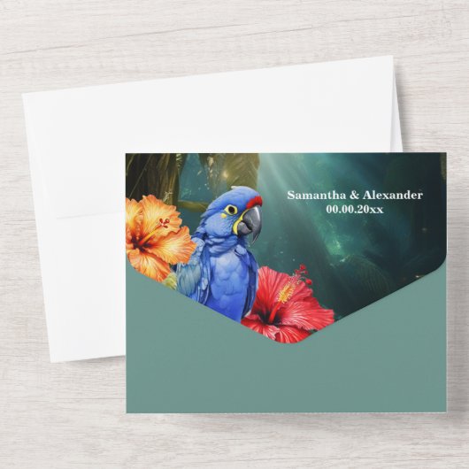 Oerwoud papegaai tropische bloemen bos all in one uitnodiging (Achterkant)