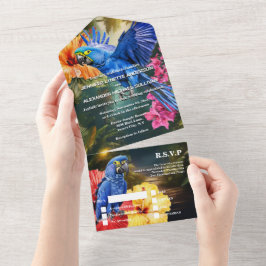 Oerwoud papegaai tropische bloemen bos all in one uitnodiging