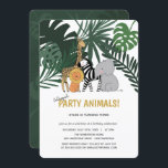 Oerwoud Party Animals Safari Kids Birthday Kaart<br><div class="desc">Roep alle partijdieren! Dit leuke ontwerp bevat leuke diervriendjes van oerwouden (ellefant,  Zebra,  Giraffe en leeuw) op een mute oerwoud achtergrond. Dit moderne en enigszins minimalistische ontwerp is perfect om de toon te zetten voor je volgende viering. Alle tekst kan volledig worden aangepast aan uw behoeften.</div>