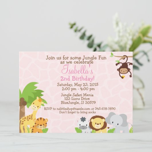 Oerwoud Party verjaardagsuitnodiging roze achtergr Kaart (Staand voorkant)