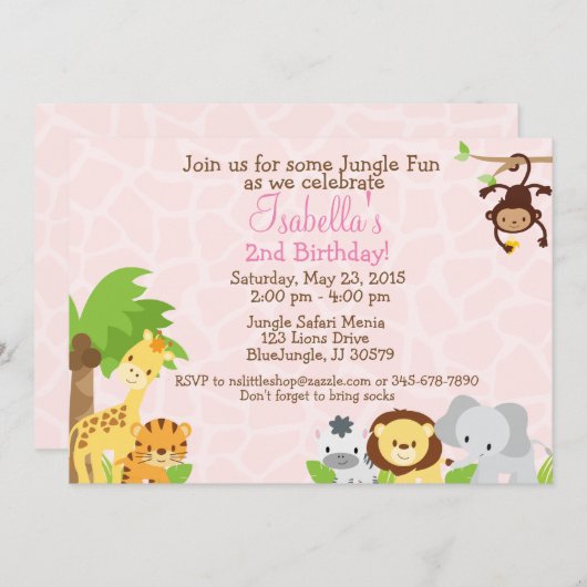 Oerwoud Party verjaardagsuitnodiging roze achtergr Kaart (Voorkant / Achterkant)