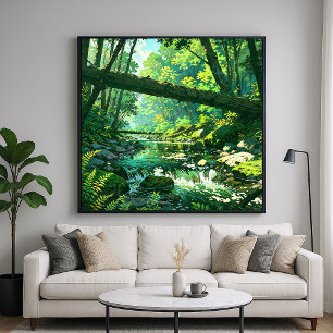 Oerwoud Ravine - Levendige bos illustratie stijl Poster