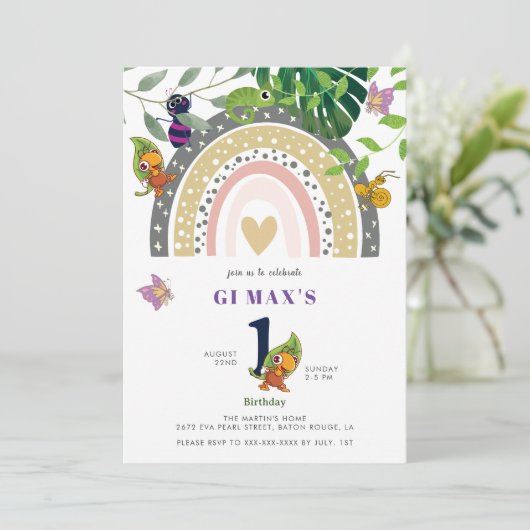 Oerwoud, regenboog en kameleon Baby 1e verjaardag Kaart (Staand voorkant)