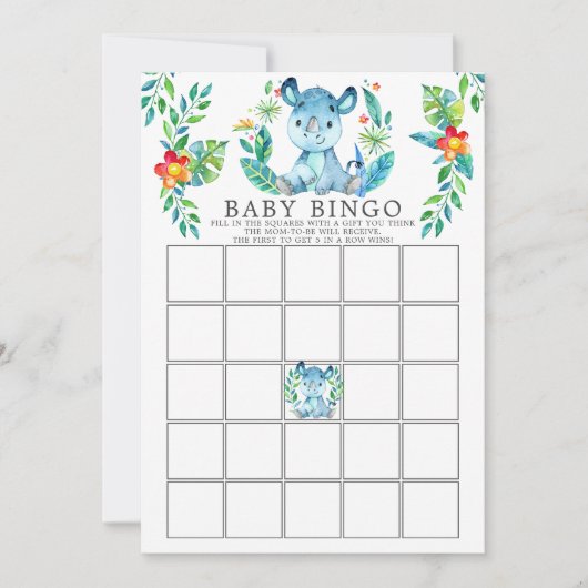 Oerwoud Rhino BINGO Baby shower Game Kaart (Voorkant)