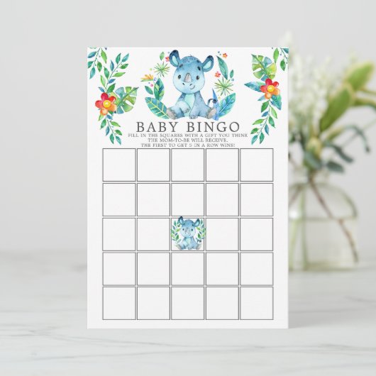 Oerwoud Rhino BINGO Baby shower Game Kaart (Staand voorkant)