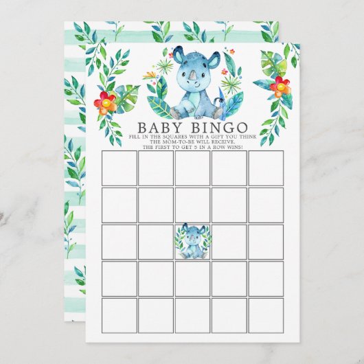 Oerwoud Rhino BINGO Baby shower Game Kaart (Voorkant / Achterkant)