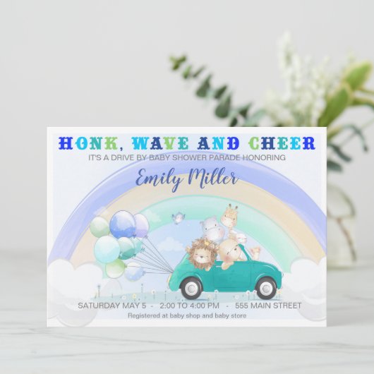 Oerwoud rijden op baby shower uitnodiging (Staand voorkant)