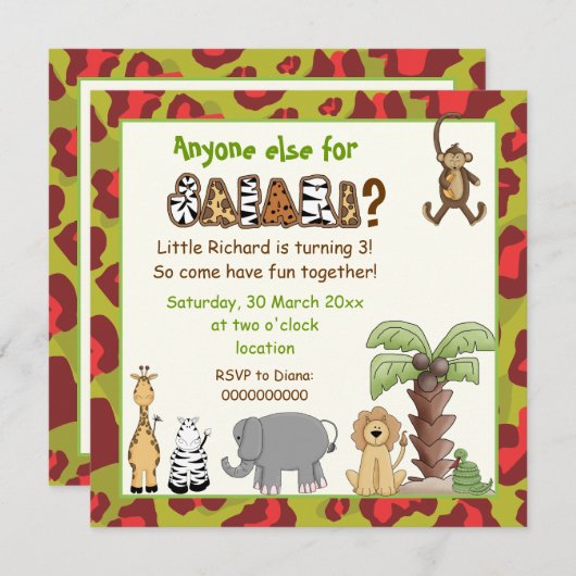 Oerwoud rood, groene safari kinderen verjaardagsfe kaart (Voorkant / Achterkant)