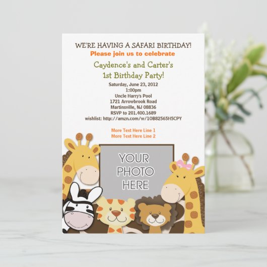 Oerwoud Safari African Animal Birthday Photo Invit Kaart (Staand voorkant)