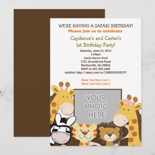 Oerwoud Safari African Animal Birthday Photo Invit Kaart (Voorkant / Achterkant)