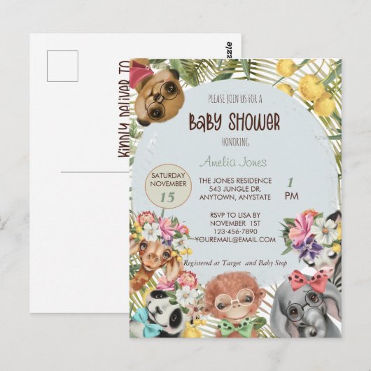 Oerwoud Safari Animal Baby shower Invitation Briefkaart (Voorkant / Achterkant)